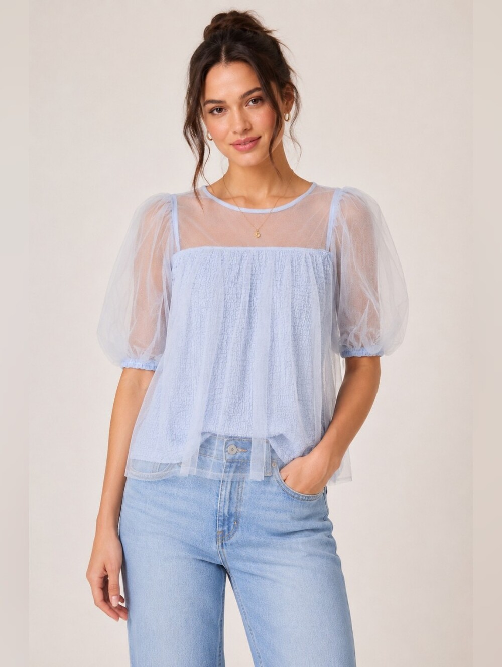By Anthropologie Layered Tulle Puff Sleeve Lace Blouse Blue Size Small